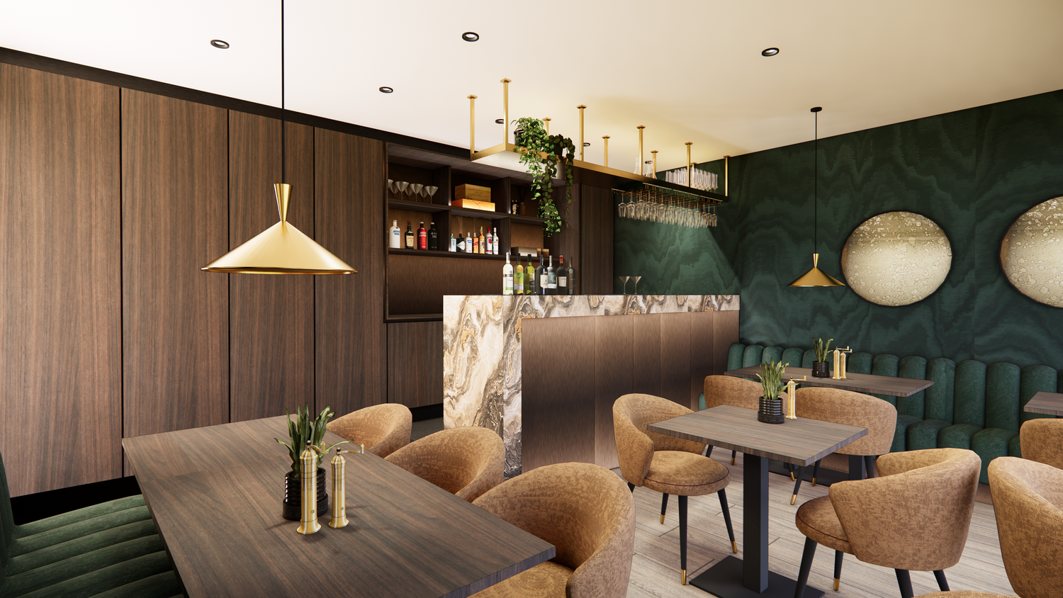 Alt-tekst: "Een weelderig boutique restaurant, doordrenkt van luxe en verfijning. Groene en gouden accenten, fluweelzachte stoffen, glimmende spiegels en metallic details creëren een sfeer van elegantie en exclusiviteit."